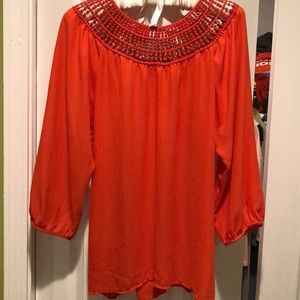 Coral top with gathered sleeves